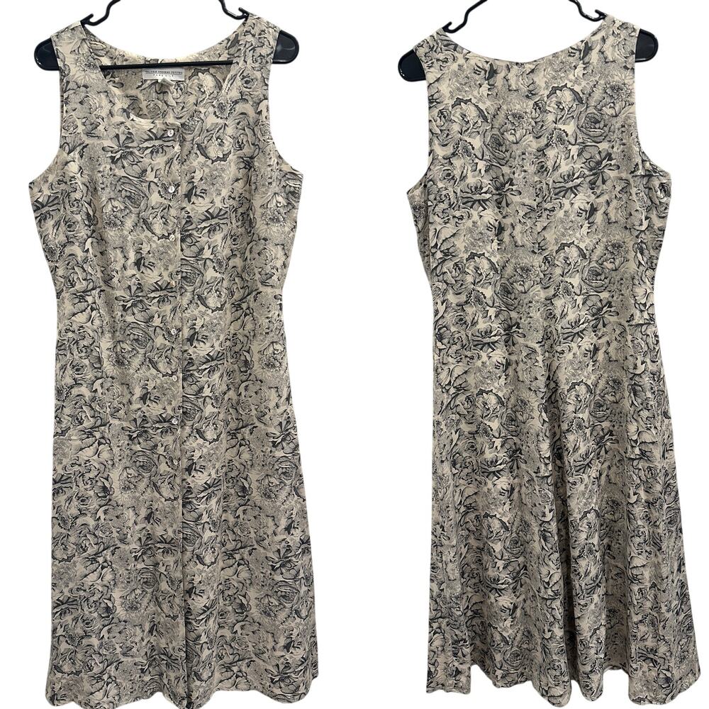 VTG 90s Valerie Stevens Silk Floral Midi Dress Button Front Beige Black Size 12P